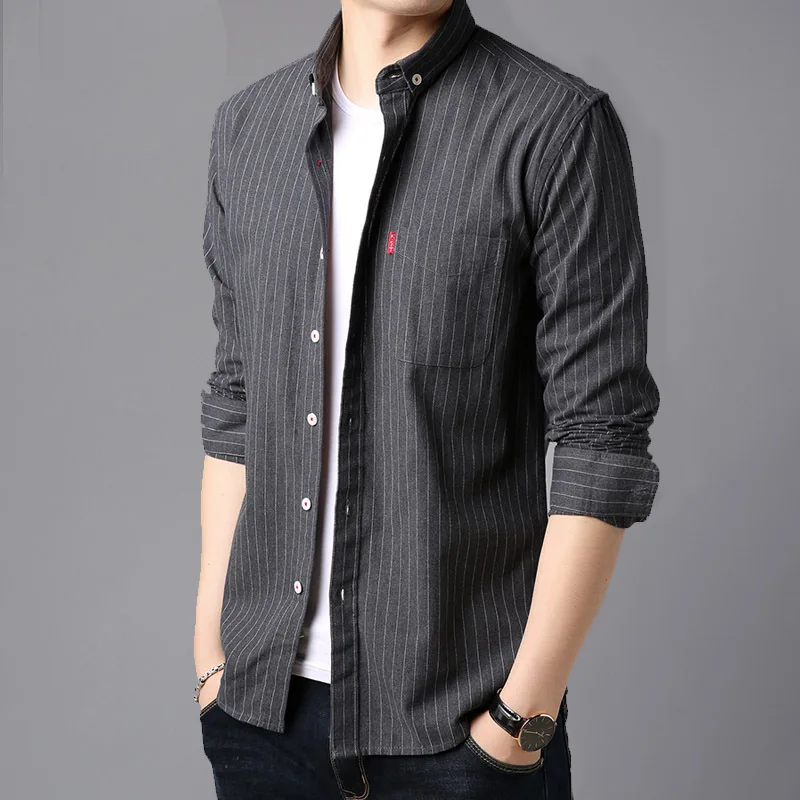 OEM ODM Customized New Wholesale Spring Casual Vertical Striped Mens Shirt Cotton Long Sleeve Shirt