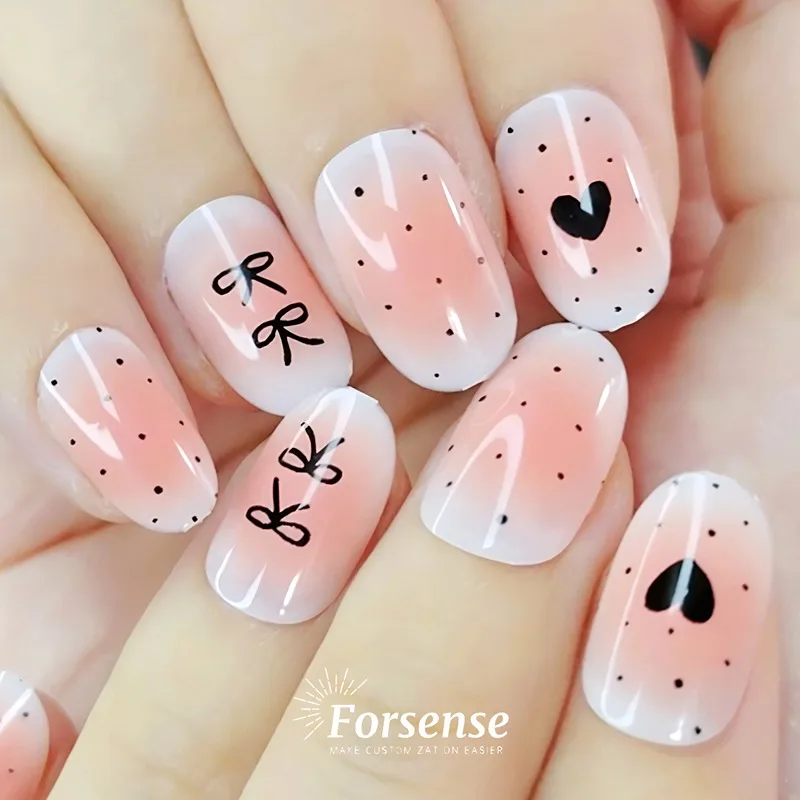 2024 short oval artificial nails for girls cute pink fake finger nails press on nails with design bow faux ongles autocollants