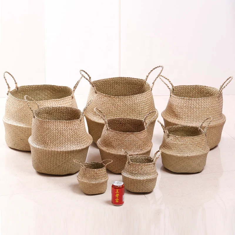 
Woven Boho Seagrass Belly Rattan Baskets with Handles for Storage Laundry Planter basket Pot for home decor 