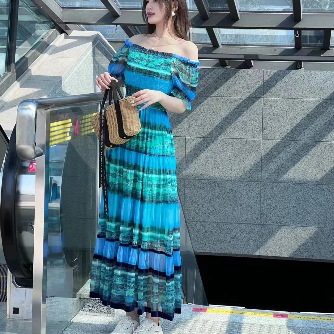 Women blue butterfly color silk soft ladies designer dress countryside style red dress