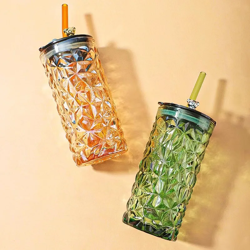 Glass Cup Transparent Glasses With Lid and Straw Drinking Glasses Coffee Mug Milk Tea Water Cups Drinkware