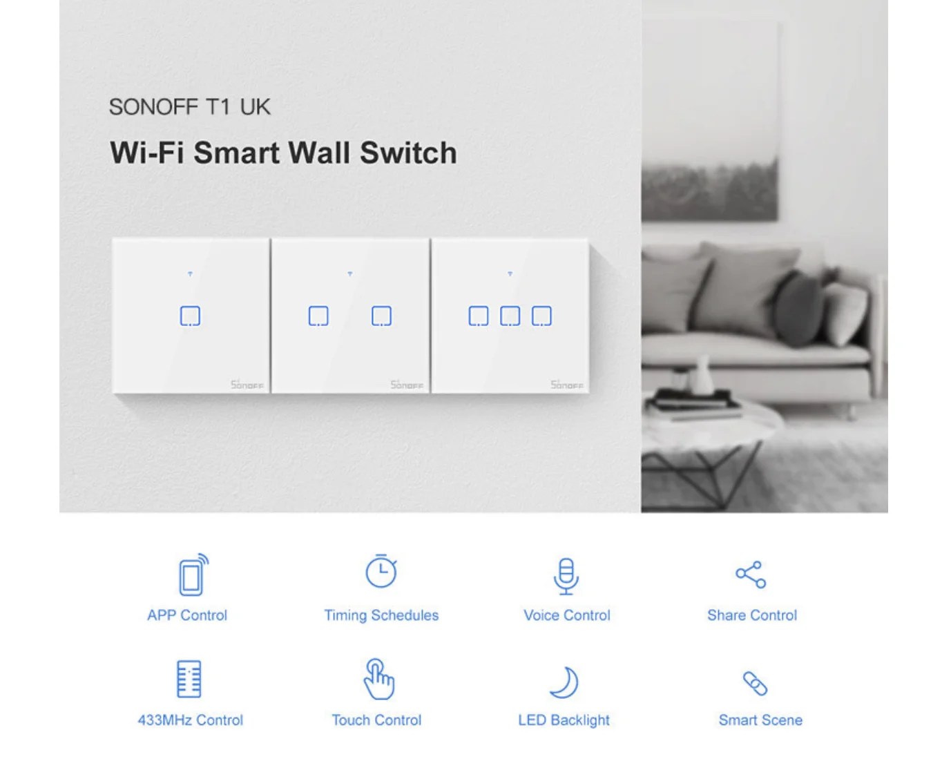 Original SONOFF T1 UK 1Gang WiFi RF App Remote Control Wall Light Smart Switch Works with Voice Control