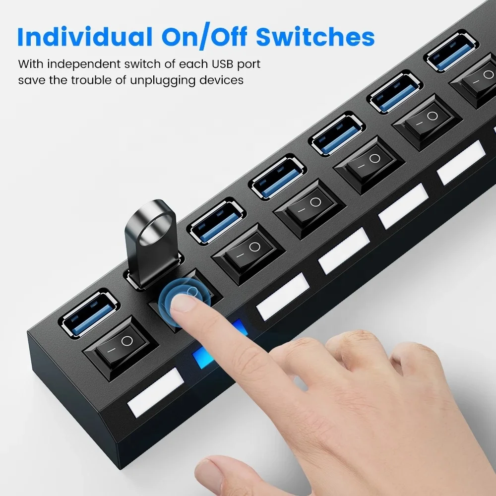 USB Hub 3.0 USB 2.0 Multi USB Splitter Power Adapter 7 Port Multiple Expander 2.0 with Switch for PC Accessories