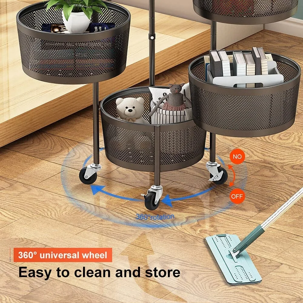 360 Degree Multi Layer Basket Storage Rotating Rack Storage Fruit Vegetable Display Rack Storage Rolling Trolley Cart Organizer