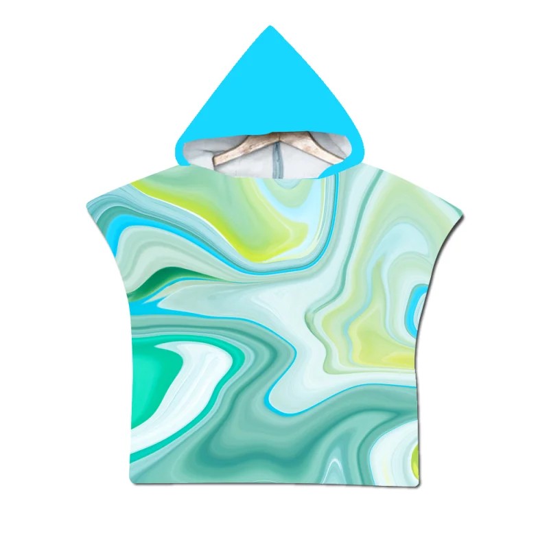 Kids  liquid water pattern Printed Quick Drying Microfiber Hooded Poncho Beach Towel