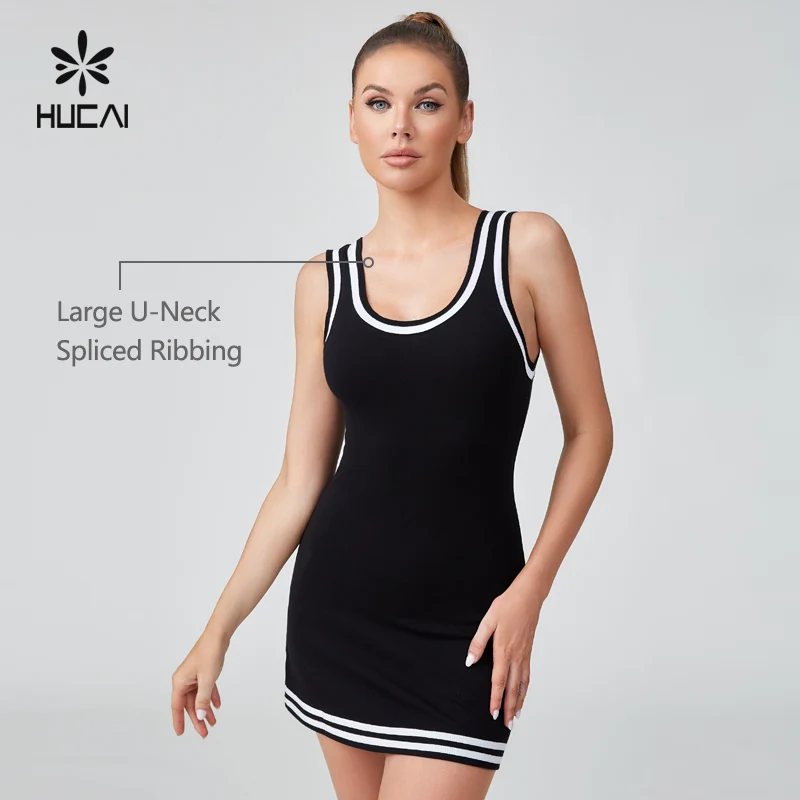 HUCAI Custom logo pique cotton spandex preppy style black Contrasting stripes Athletic suit Golf tennis dress for women