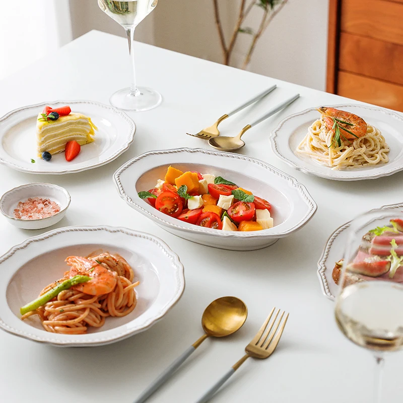 Antique Embossed Palace Style Salad Bowl Dinnerware Set Elegant Western White Ceramic Plate Dish 1529