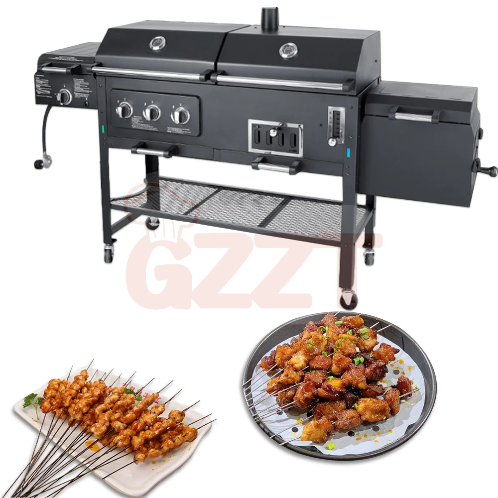 American Outdoor Garden Large Gas And Charcoal Grill Combo Smokeless Barbecue Bbq Commercial Grill Trolley With Smoker Oven