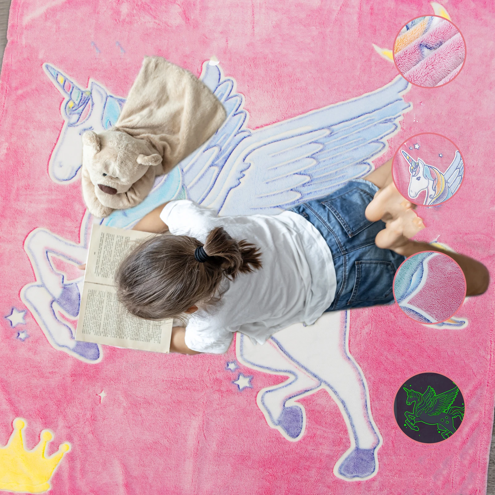 High Quality Custom Offset Printing Unicorn Design Colorful Flannel Fleece Luminous Glow In The Dark Blanket Pegasus For Kids
