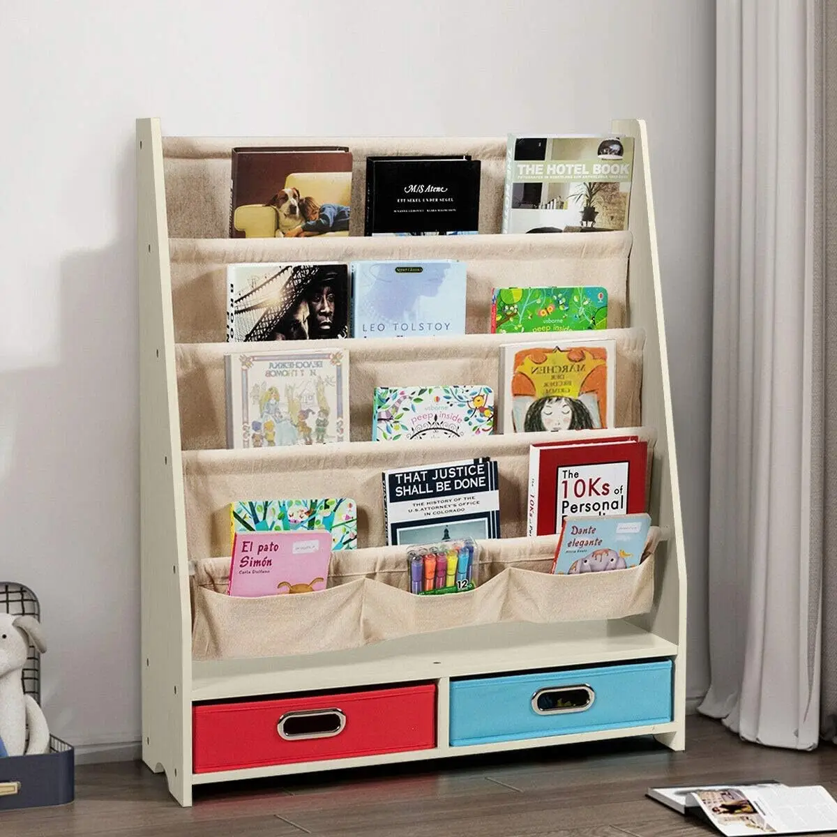 202406 Classroom Display Book Rack Organizer Nursery Kids Bookshelf Wooden 4Sling Book Shelves with 2 Pull-Out Toy Storage Boxes