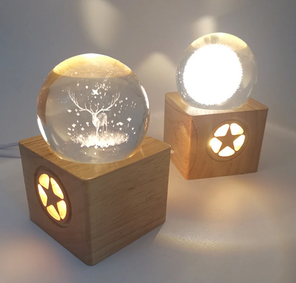 Cube Wooden Display Stand with Star Engraving Decoration for Crystal Ball Single LED Color Swith on USB Cable