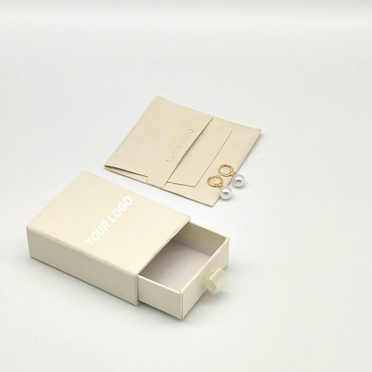 Custom Stamped Logo Stocked Cream Microfiber fabric suede pouch with flap & band beige color jewelry bags packaging