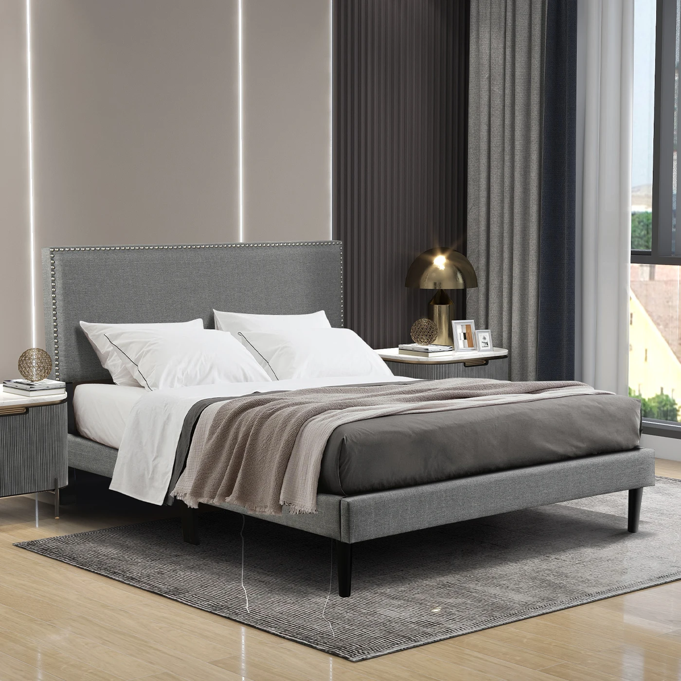 American Warehouse Wholesale Customized Upholstered Bed Frame Set With Headboard Full Size Wooden Frame Bed