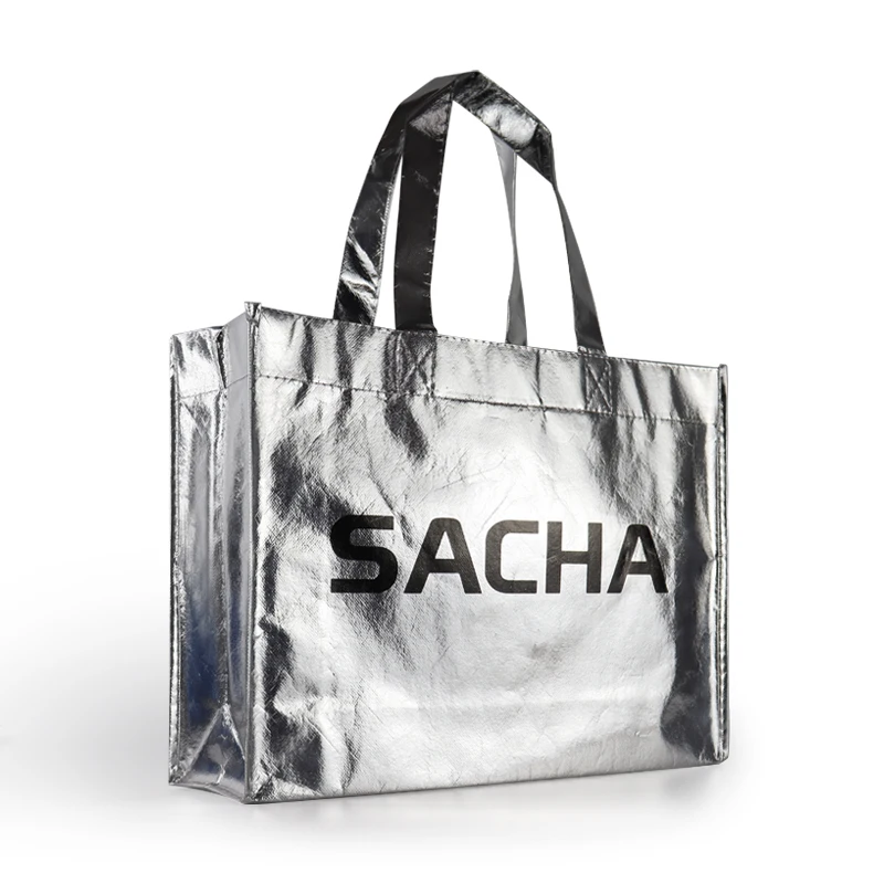 Custom Logo Printed Holographic Gift Packing Bag Eco-Friendly Metallic Non-Woven PP Tote Laminated Plastic Shopping Bag