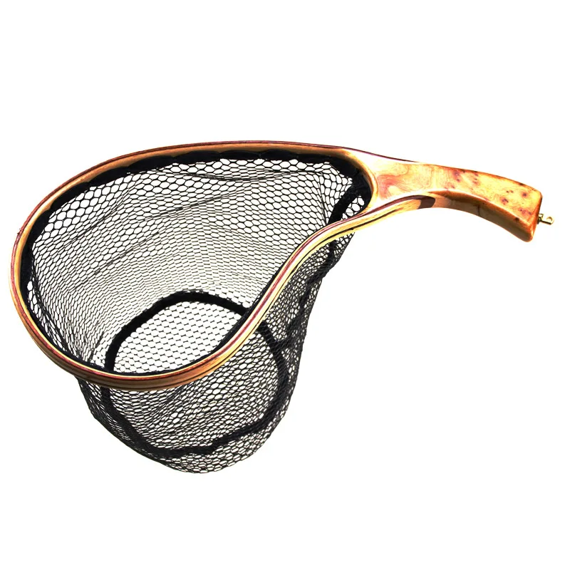 Fly Fishing Soft Rubber Mesh Trout Net Waterproof Wooden Handle Catch and Release Landing Net
