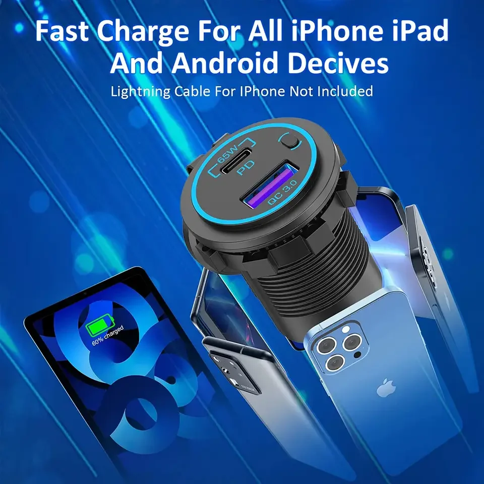 12V  65W DC 12V-24V Waterproof Dual USB LED Car Charger Power Socket Outlet QC3.0+PD3.0 for laptop
