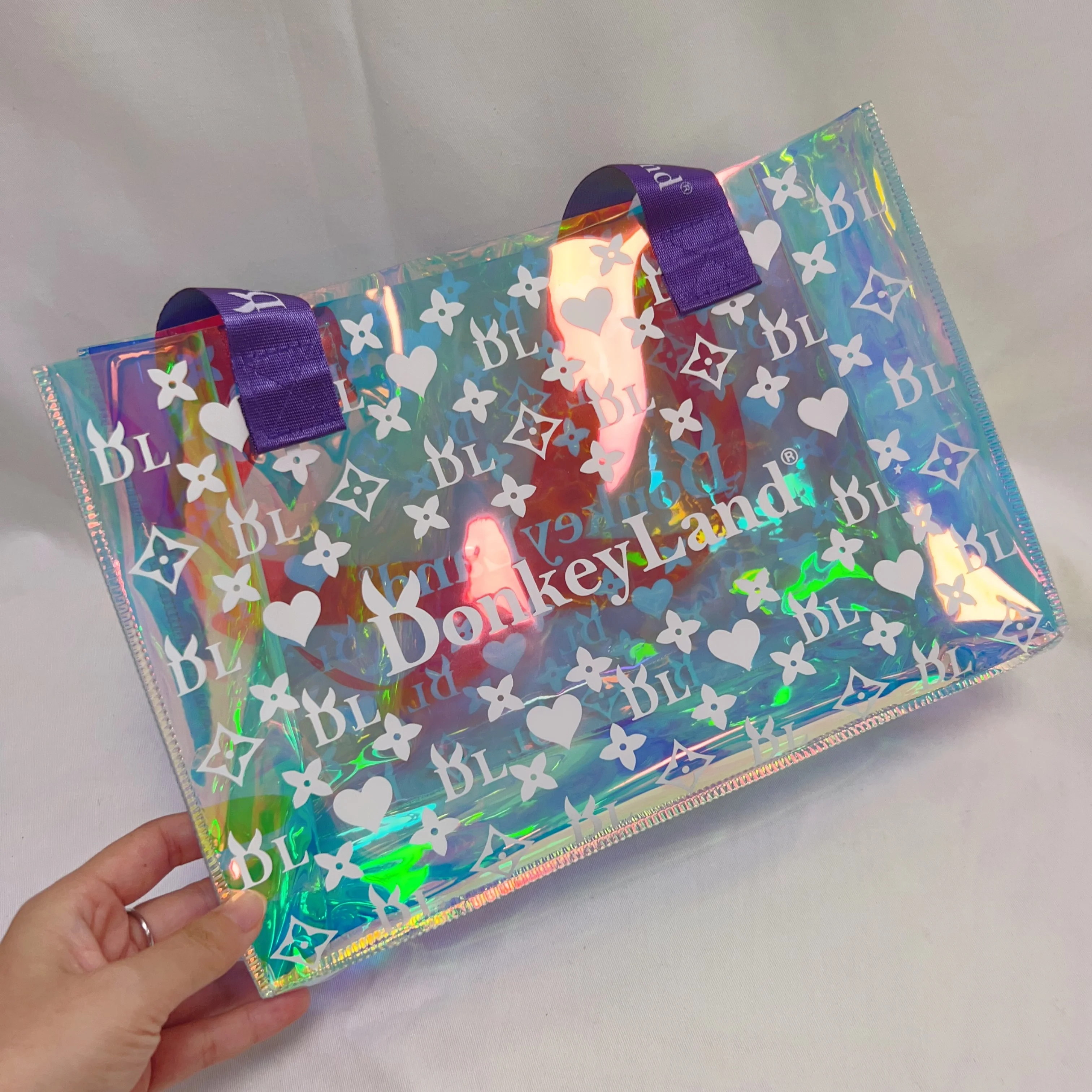 2024 Custom Logo Women Transparent Bag Hologram Laser Clear Pvc Shopping Bag Ladies Holographic Beach Tote Bags