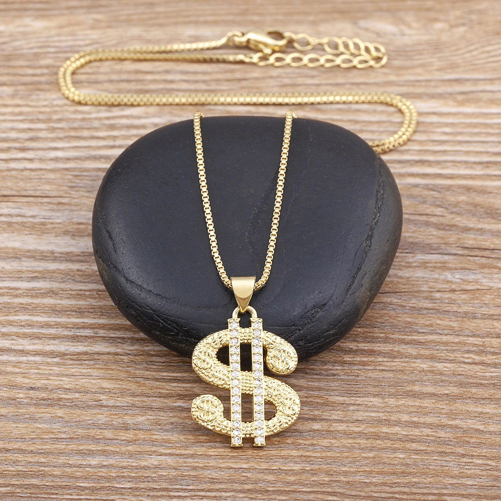 Fashion Gold Plated with Diamond Dollar Symbol Pendant Necklace Copper CZ Charm Neck Chain Party Bar Jewelry Gifts Wholesale