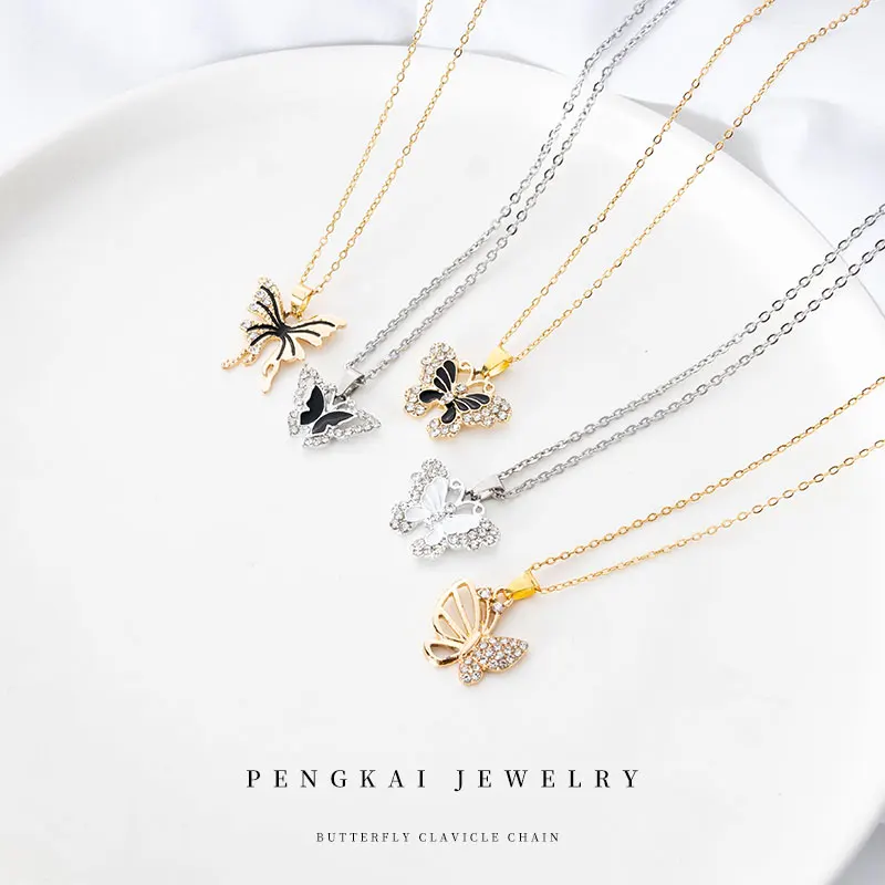 High Quality Luxury Butterfly Necklace New Design Gold Plated Stainless Steel Chains Crystal Pendant Fashion Jewelry Necklace