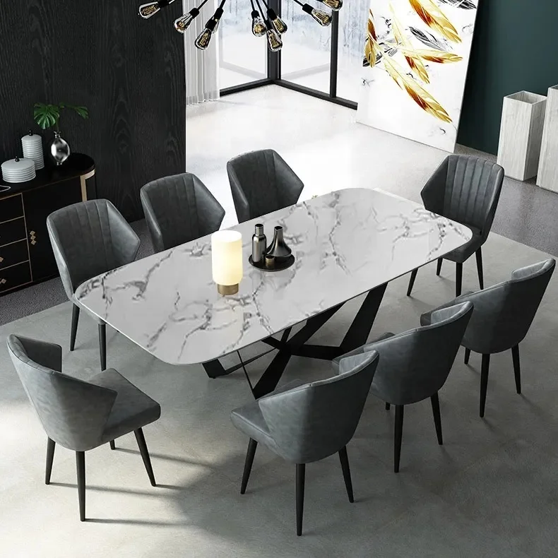 Rectangle Modern Sintered Stone Top Dining Table for 6 Stainless Steel Dining Room Set