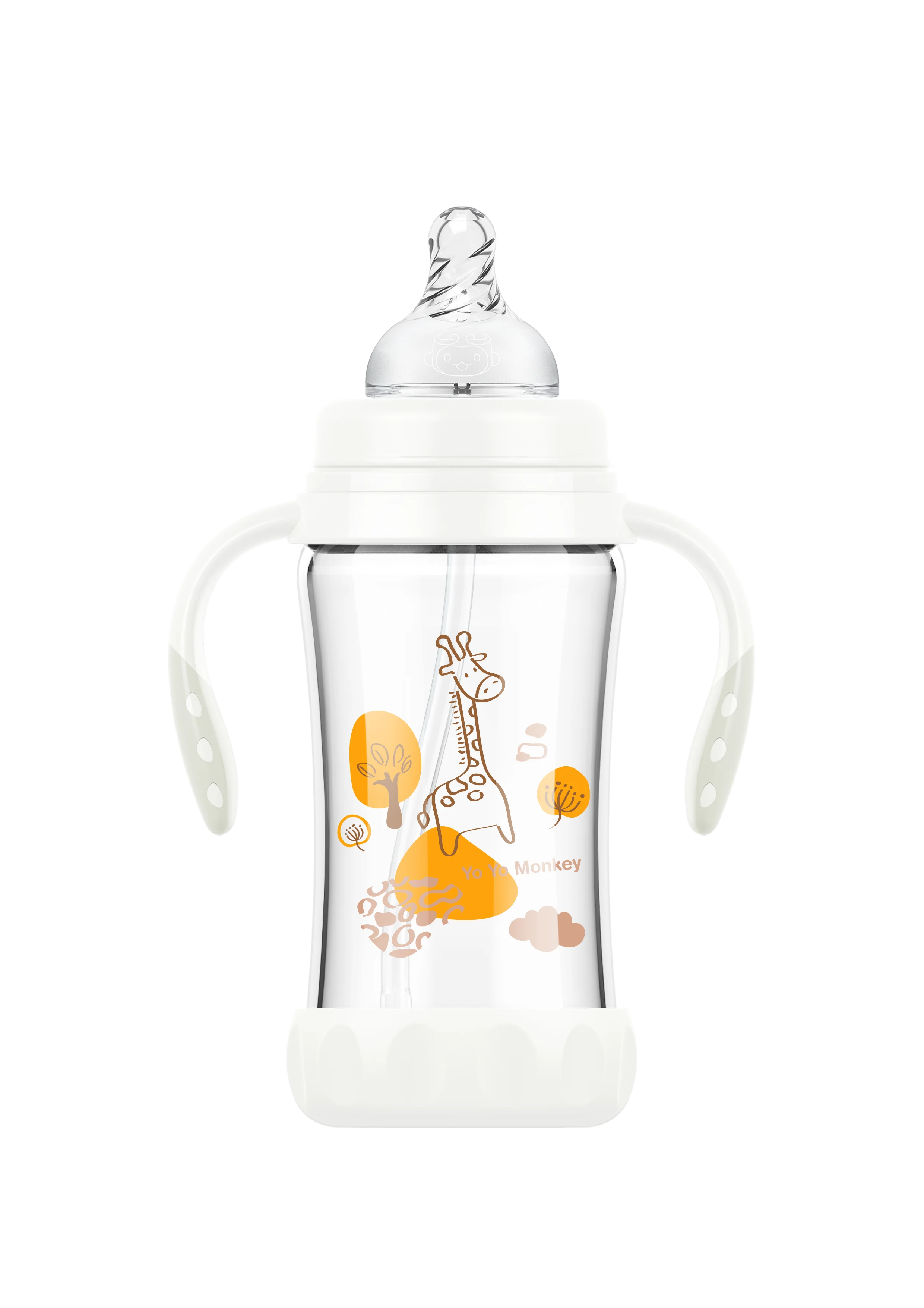China Manufacturer BPA free wide mouth baby borosilicate glass milk bottle with silicone boots and detachable handle 280ML