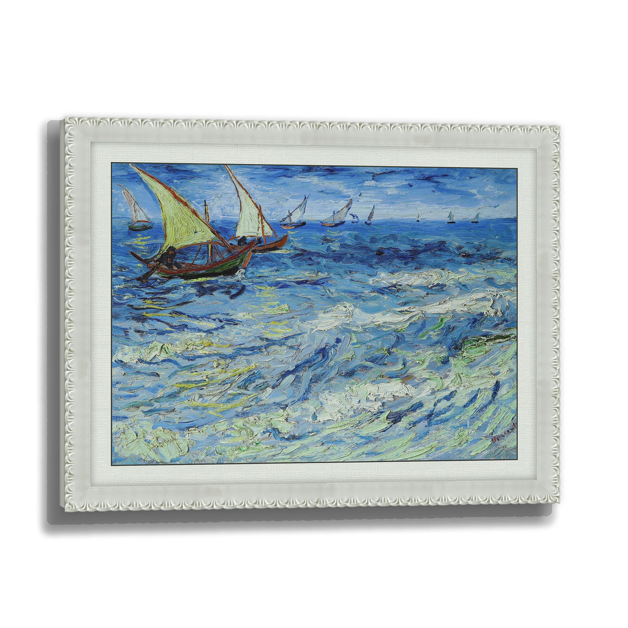 Hand Painted Van Gogh Seascape at Saint Maries Blue Wavy Ocean Cloudy Sky 3D Brushstroke Home Decor Living Study Office