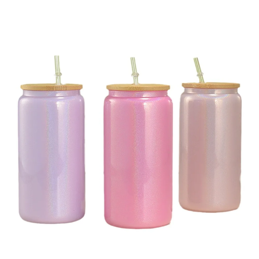 Burst 16oz holographic Shimmer glass jar High borosilicate high temperature glass Rainbow paint thermal sublimation straw glass