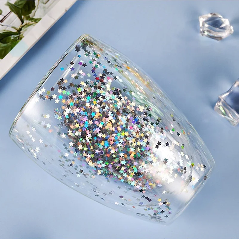 Snow Globe Glass Mug Reusable Double walled Coffee Tea Mug Glass Drinkware Cup Coffee Bar Beverage Glasses Rainbow Sequins