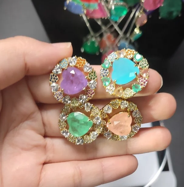 Hot Sale Paraiba Jewelry 18K Gold Plated Colorful Flower Big Heart Fusion Ring For Women