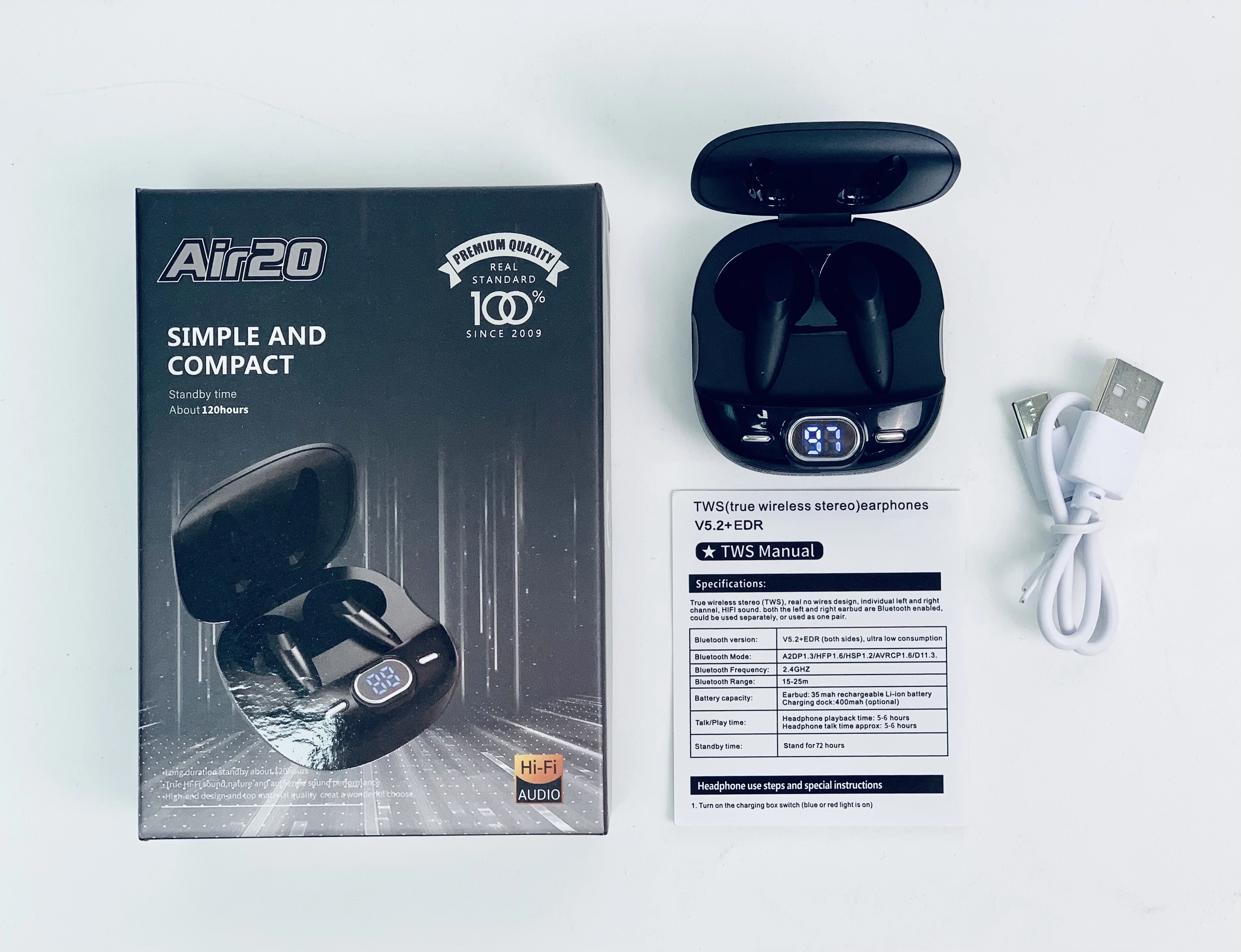 new arrival tws earphone AIR20 with battery display wireless bluetooth earbuds