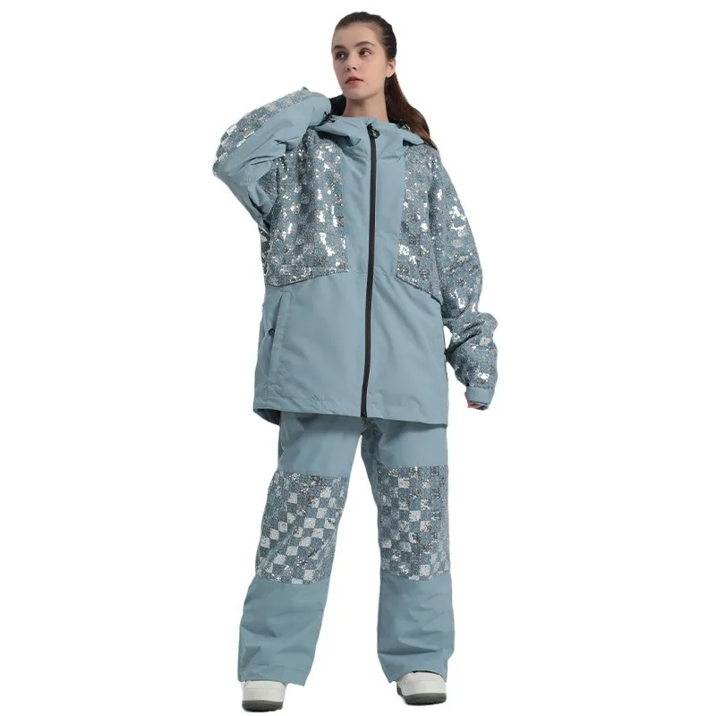 Custom Outdoor Windproof Waterproof Female Ski Jacket Waterproof Snowboarding Jackets Loose Warm Skiing Outdoor Ice Track Suit
