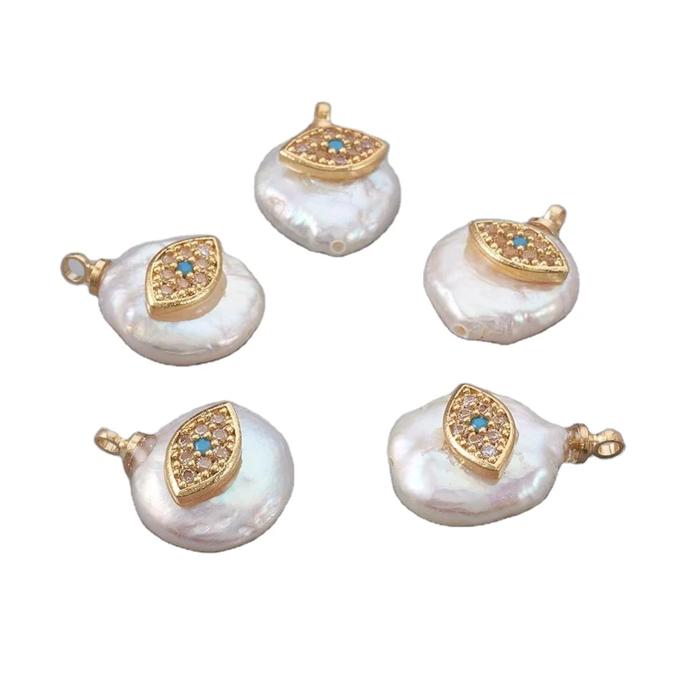 PandaHall Real Gold Plated Eye Cubic Zircon Natural Pearl Pendant