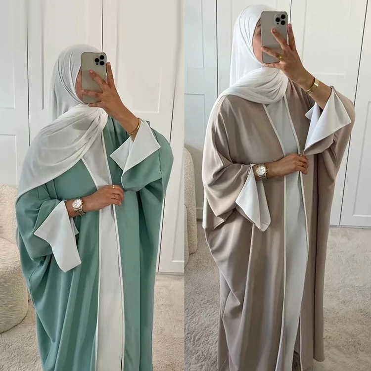 Big Batwing Open Abaya Kimono Dubai Luxury White Edge Muslim Cardigan Abayas Women Turkish hijab Dress Kaftan Islamic Clothing
