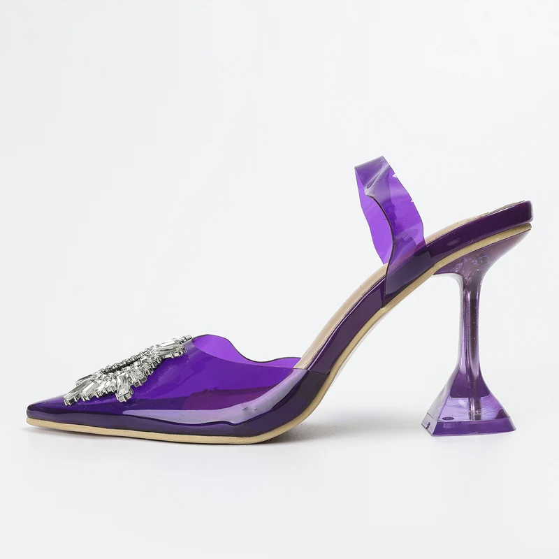 PVC Transparent Jelly Women Pumps Elegant Pointed Toe Slingback Crystal Rhinestones High Heels Casual Outdoor Shoes