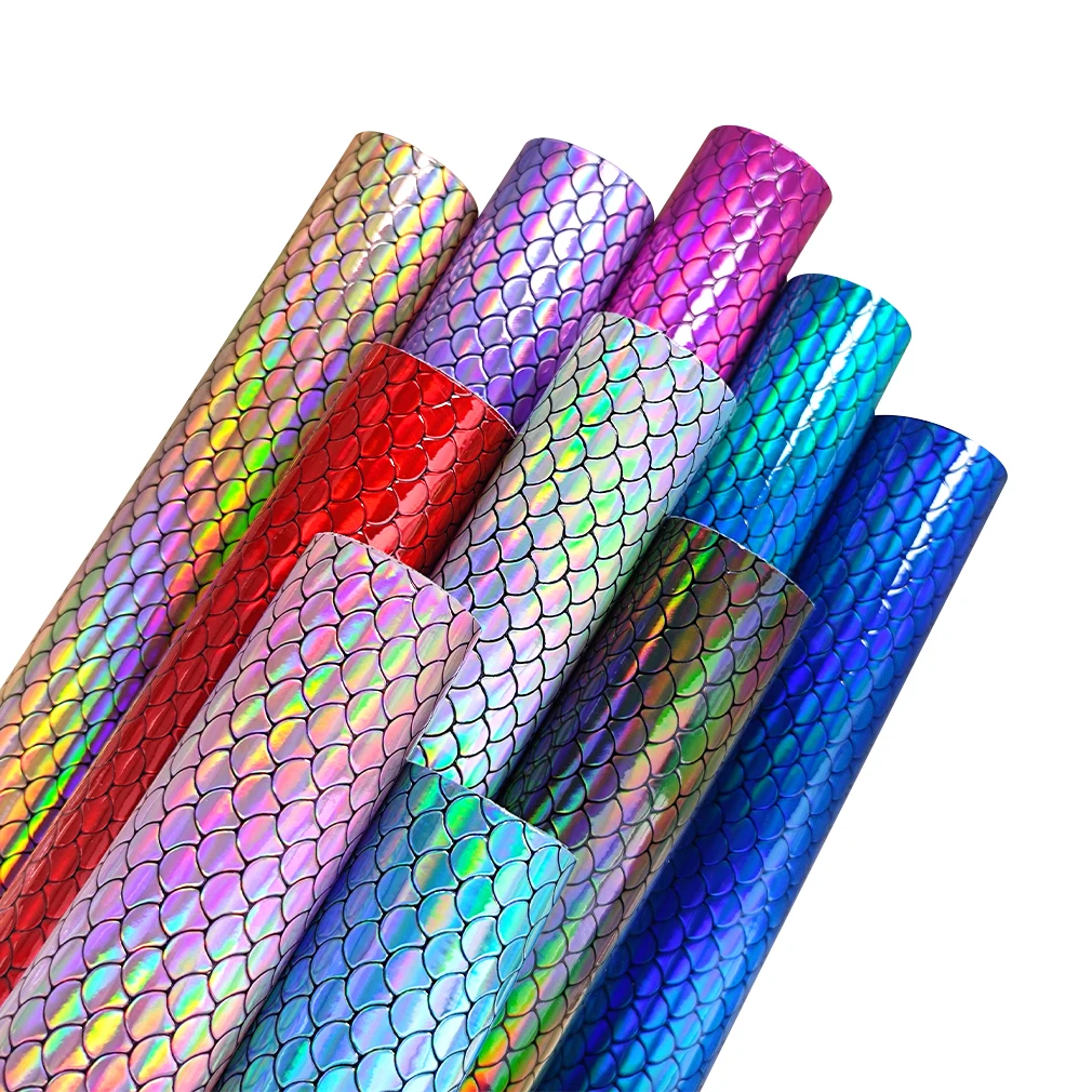 30x135cm Embossed Mermaid Scale Faux Leather Upholstery Fabric Vinyl Embossed Holographic Mermaid Fish Scale Glossy Fabric