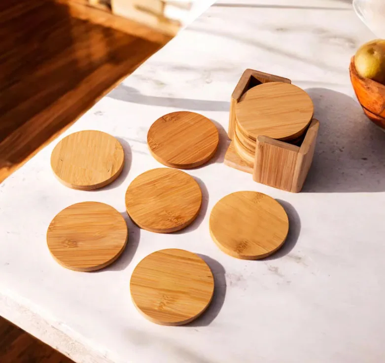 Housewarming Gift Personalized Table Engraved Wooden bamboo Square round tea cup Coaster Set of 6 with Holder
