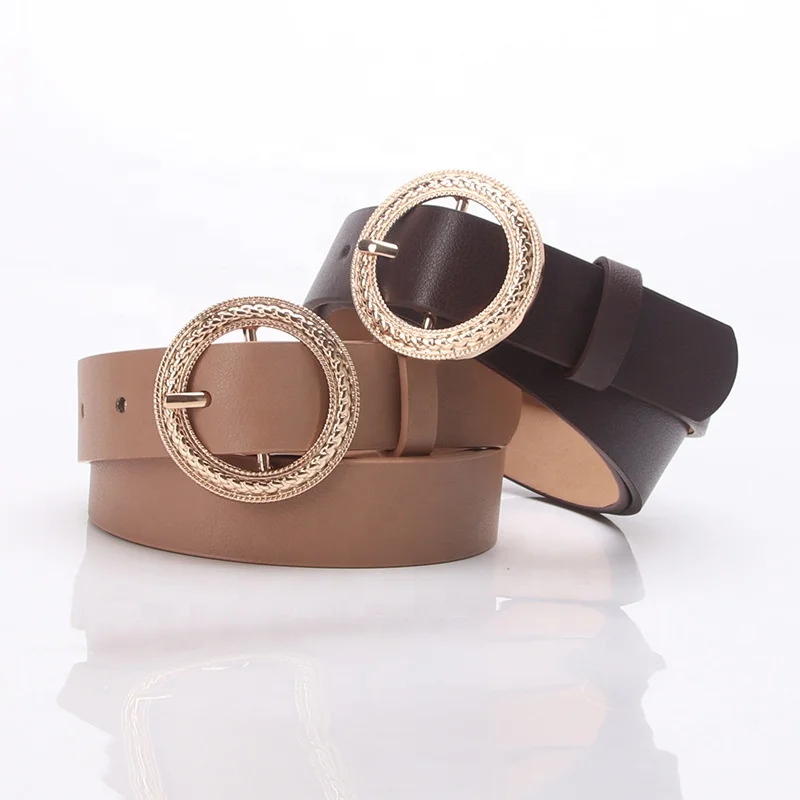 Round Alloy Buckle Belts for Women PU Leather Waist Belts Ladies Waistband for Jeans