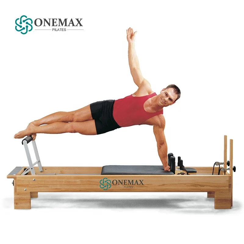 ONEMAX Pilates Reformer H1 Se Rio Adjustable Footbar Cover Fitness Exercise Maple Wood Plywood Case Natural Wood Color Studios