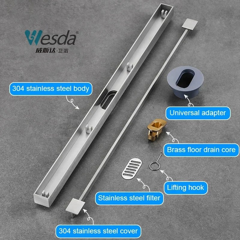 WESDA Factory Supplier Removable Plug-in Cover Shower Drain Channel Linear Floor 304 Stainless Steel Narrow Linear Shower Drain