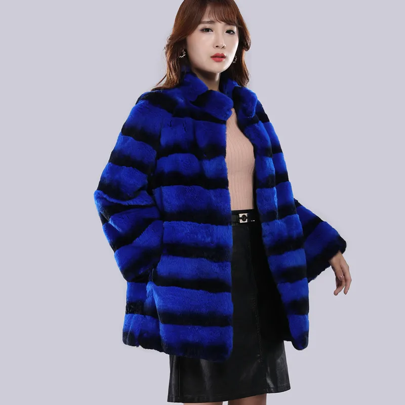 2021 new design products Chinchilla color Rex Rabbit Fur Coat for Fashion Women royal blue rex rabbit fur coat stand up collar