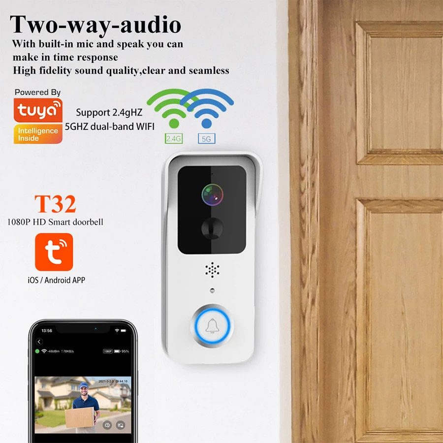 5G Dual Band 2.4Ghz 5Ghz Tuya Wifi Wireless 1080P HD Smart Audio Intercom Camera Video Doorbell for Home