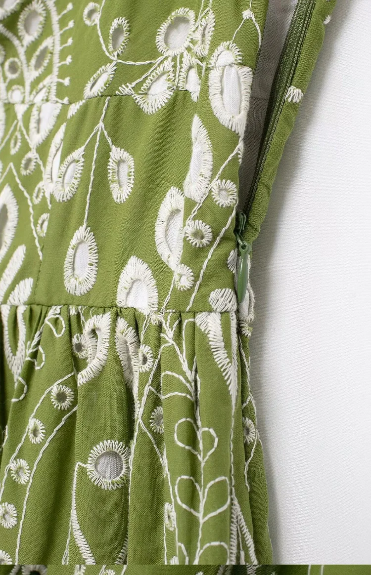 Ladies Hawaiian Vacation Style Slimming High Waisted Whitening Green Dress Hollow out Embroidered Print Summer Slip Dress
