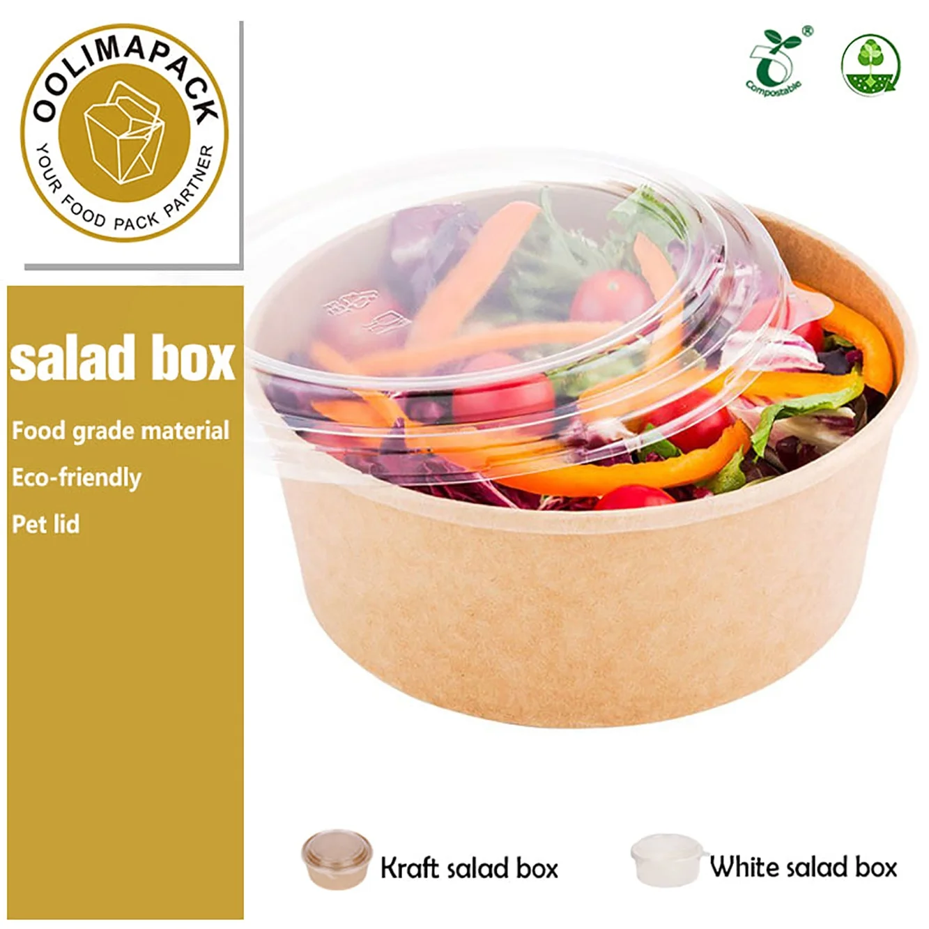 High Quality PLA Coating Biodegradable Kraft Paper Salad Box With Lid
