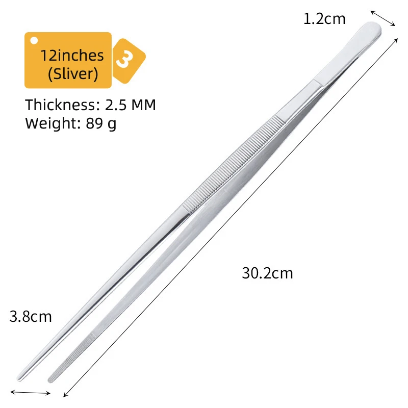 12 Inch Stainless Steel Kitchen Chef Tweezers Sets Food Long Tong with Serrated Tips food Tweezer for Cooking