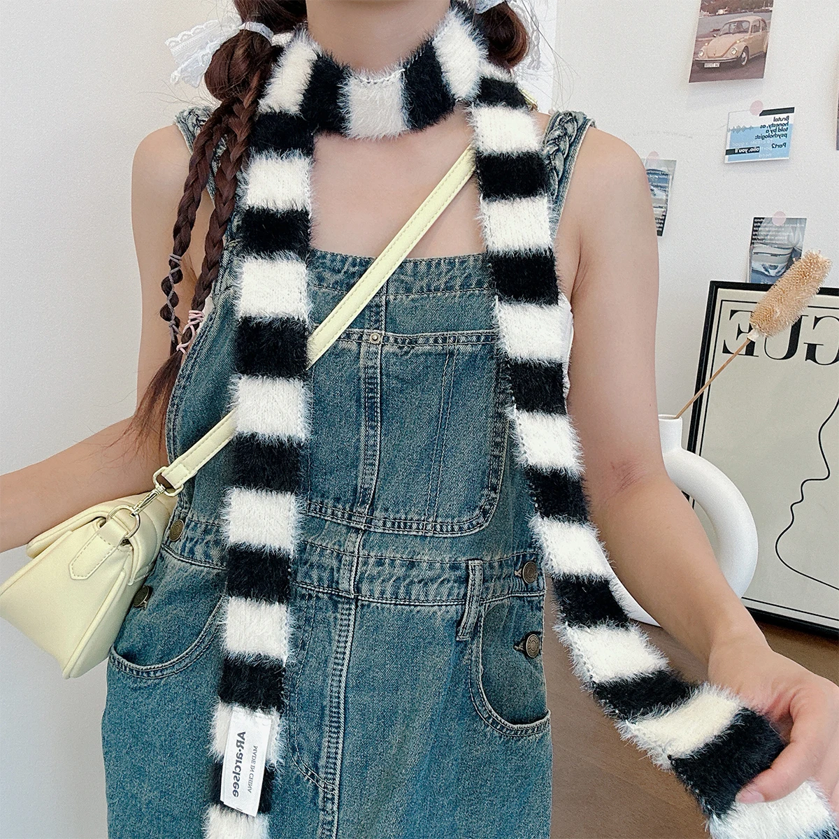 Korean Style Y2K Striped Plush Scarf for Women Autumn Winter Thin Narrow Long Design All-Match Decorative Scarf for Spice Girls