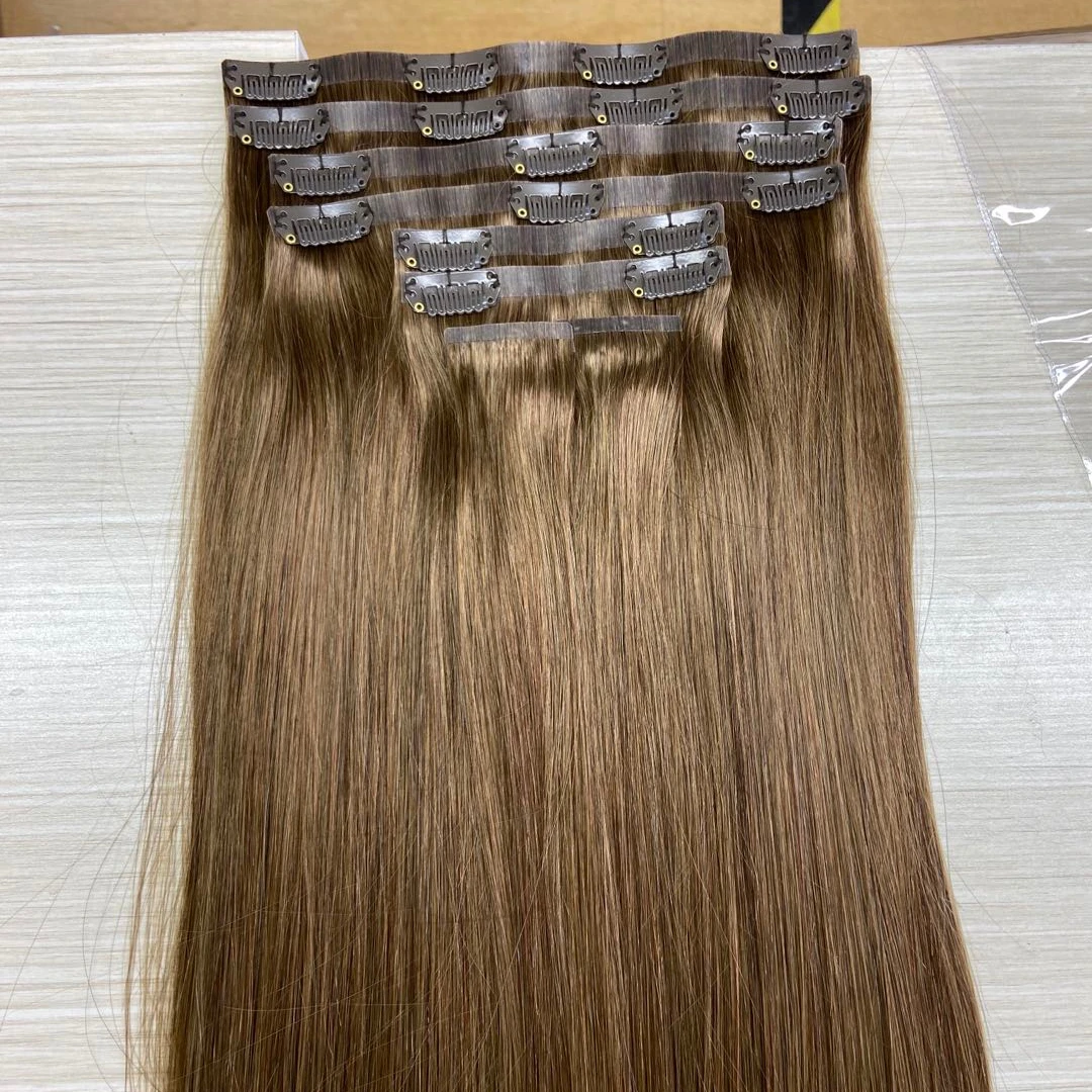 Russian Human Hair Ready To Wear Clip In Double Drawn 100% Human Remy Hair Seamless Clip In Hair Extension