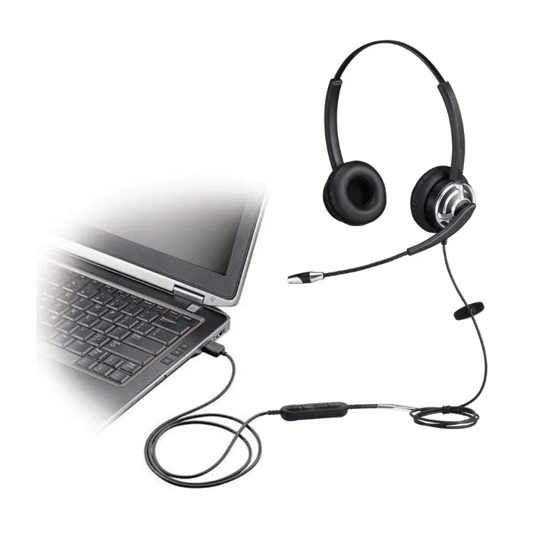
Binaural call center USB headset with noise cancelling microphone , volume adjuster and mute switch compatible Skype and Lync 