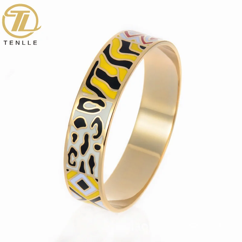 Vintage enamel stainless steel bracelet plated with real gold custom painted Cloisonne bangle jewelry for girls