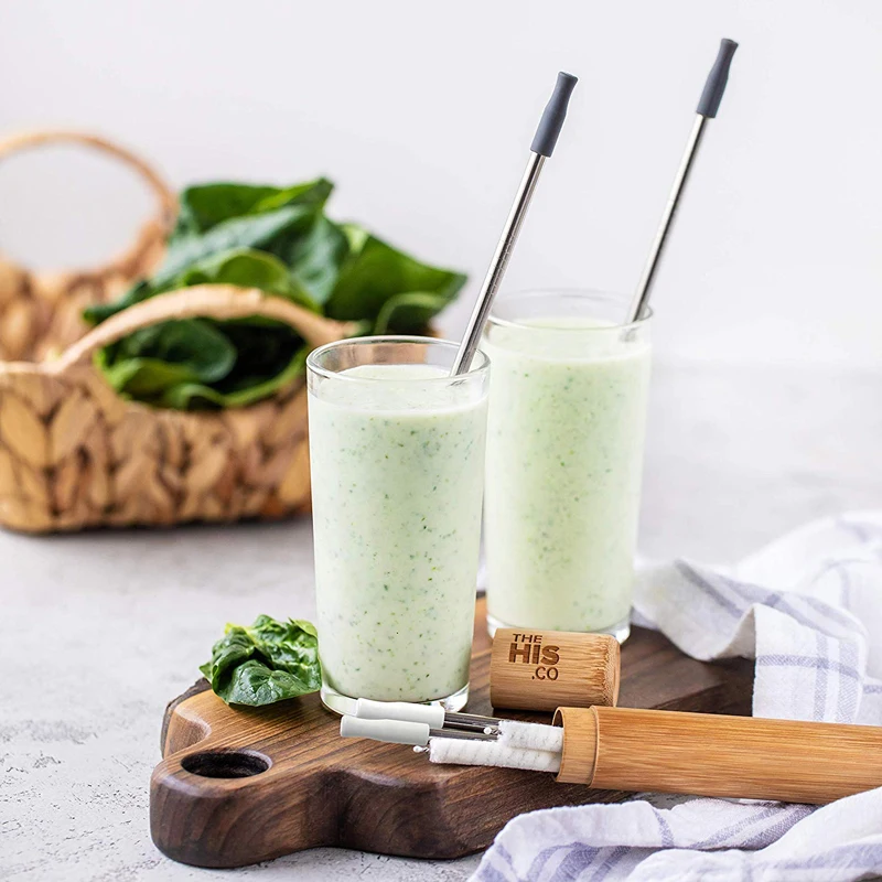 Набор многоразовых трубочек для напитков из нержавеющей стали | 4 металлические соломинки с хлопковыми чистящими щетками силиконовые наконечники бамбуковый Дорожный