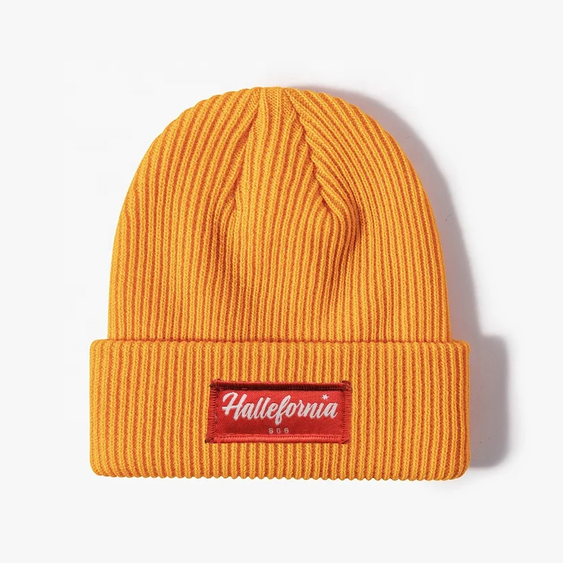 Wholesale 100% acrylic custom logo knitted hat cuffed warm fashion beanies men and women ski winter beanie hat